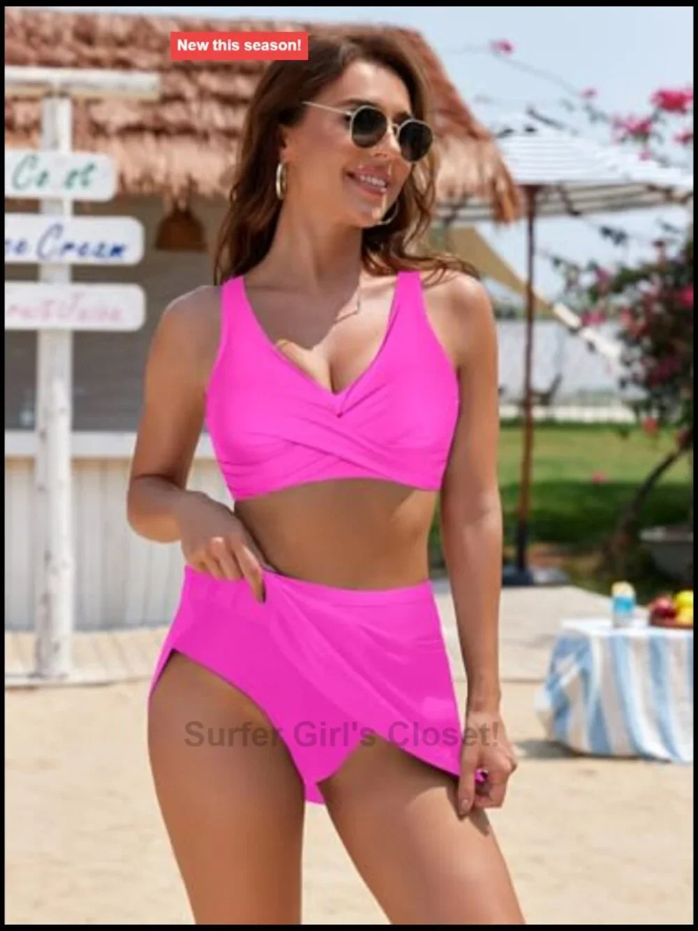 High Waisted Skirted Bikini Set with Pockets Twist Front V-Neck
